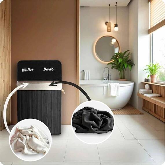 ​Cos de rufe DacEnergy©, din bambus si bumbac natural, constructie respirabila, manere functionale, cu capac, cu 2 compartimente, 100 l, 61 x 54 x 34 cm, negru - 5- Roveli