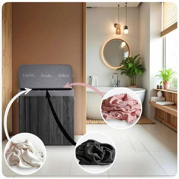 ​Cos de rufe DacEnergy©, din bambus si bumbac natural, constructie respirabila, manere functionale, cu capac, 3 compartimente, 150 l, 61 x 62 x 42 cm, gri - 5- Roveli