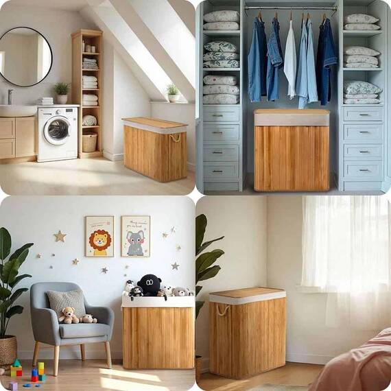 ​Cos de rufe DacEnergy©, din bambus si bumbac natural, constructie respirabila, manere functionale, cu capac,3 compartimente, 150 l, 61 x 62 x 42 cm, natural - 6- Roveli