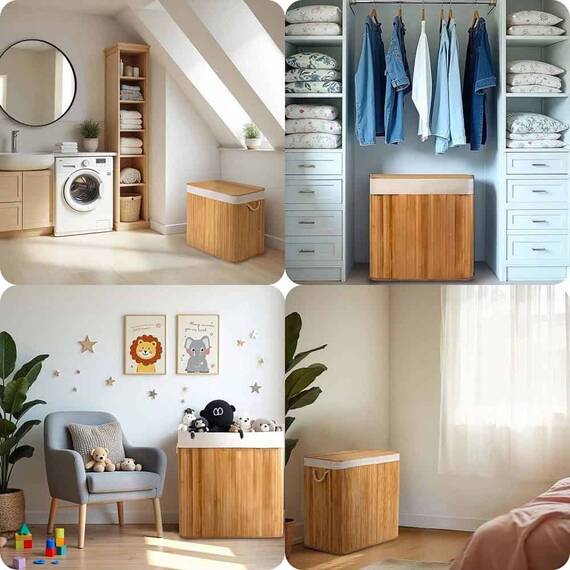 ​Cos de rufe DacEnergy©, din bambus si bumbac natural, constructie respirabila, manere functionale, cu capac, 2 compartimente, 100 l, 61 x 54 x 34 cm, natural - 6- Roveli