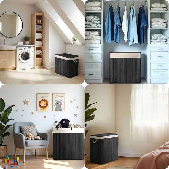 ​Cos de rufe DacEnergy©, din bambus si bumbac natural, constructie respirabila, manere functionale, cu capac, cu 2 compartimente, 100 l, 61 x 54 x 34 cm, negru - 6- Roveli