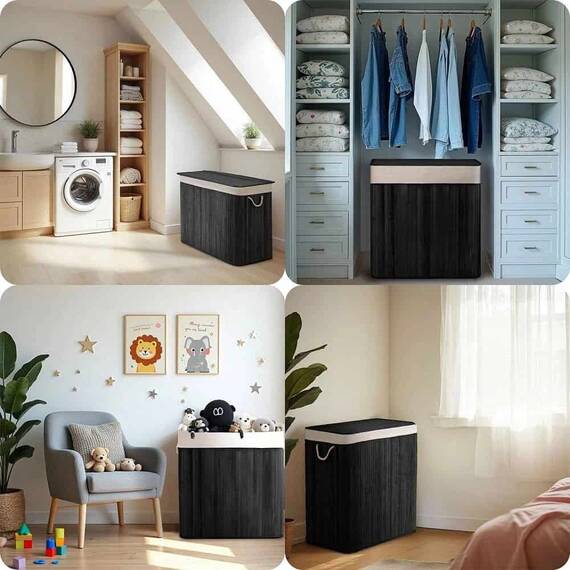 ​Cos de rufe DacEnergy©, din bambus si bumbac natural, constructie respirabila, manere functionale, cu capac, 3 compartimente, 150 l, 61 x 62 x 42 cm, negru - 6- Roveli