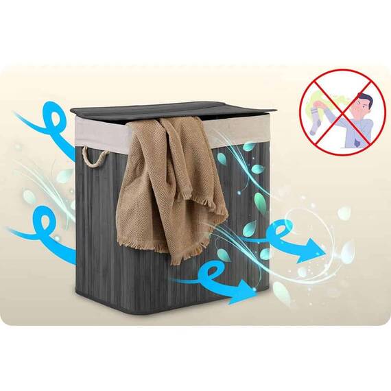 ​Cos de rufe DacEnergy©, din bambus si bumbac natural, constructie respirabila, manere functionale, cu capac, 3 compartimente, 150 l, 61 x 62 x 42 cm, gri - 6- Roveli