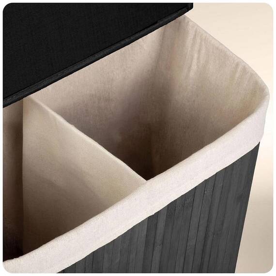 ​Cos de rufe DacEnergy©, din bambus si bumbac natural, constructie respirabila, manere functionale, cu capac, cu 2 compartimente, 100 l, 61 x 54 x 34 cm, negru - 7- Roveli