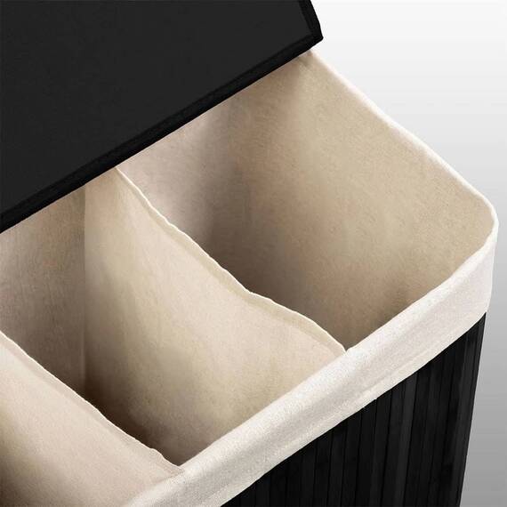 ​Cos de rufe DacEnergy©, din bambus si bumbac natural, constructie respirabila, manere functionale, cu capac, 3 compartimente, 150 l, 61 x 62 x 42 cm, negru - 7- Roveli