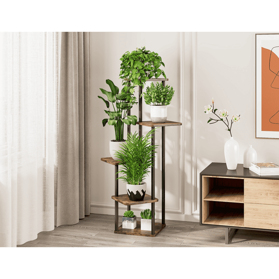 Suport de flori din metal, negru/lemn rustic, ADITE - 3- Roveli