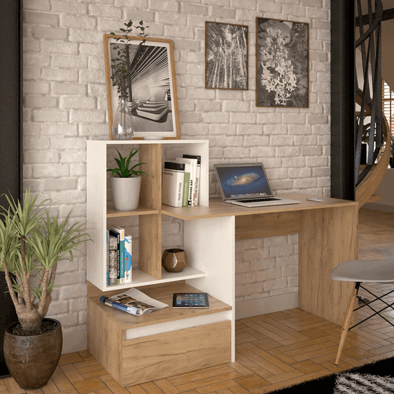 Masă PC, stejar artisan/alb, NEREO NEW - 5- Roveli
