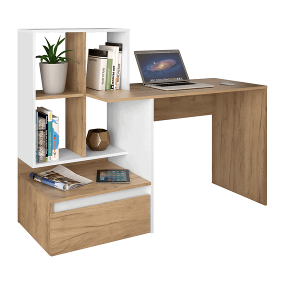 Masă PC, stejar artisan/alb, NEREO NEW - - Roveli