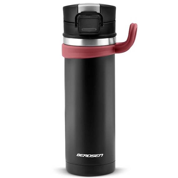 Termos, fabricat din otel inoxidabil, cu maner, forma ergonomica, pastreaza temperatura pana la 12 ore calda sau rece, capacitate 450 ml, negru si rosu - - Roveli