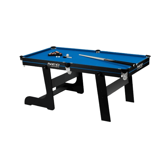 Masa de biliard, 16 mingi din cel mai durabil material, doua tacuri de lemn rezistente, triunghi si doua cuburi de creta, pliabila, 183 x 92 x 81 cm, neagra si albastra - - Roveli