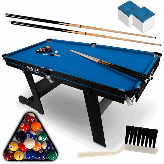 Masa de biliard, 16 mingi din cel mai durabil material, doua tacuri de lemn rezistente, triunghi si doua cuburi de creta, pliabila, 183 x 92 x 81 cm, neagra si albastra - 4- Roveli