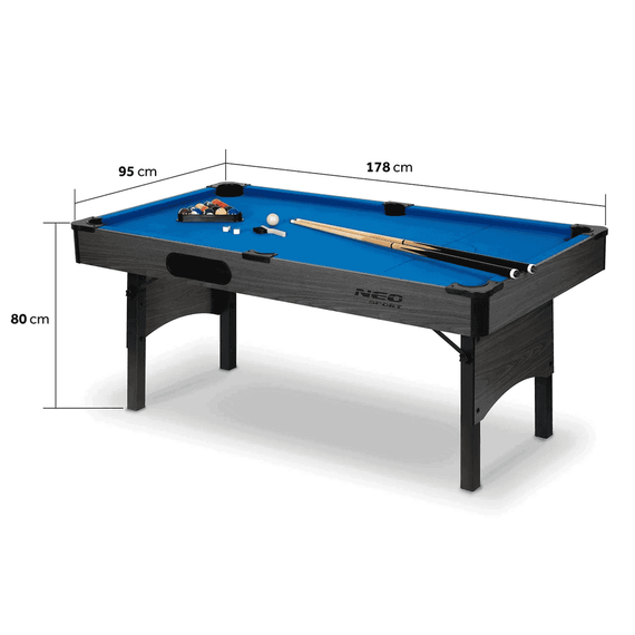 Masa de biliard, 16 mingi din cel mai durabil material, doua tacuri de lemn rezistente, triunghi si doua cuburi de creta, 178 x 95 x 80 cm, neagra si albastra - 5- Roveli