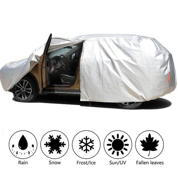Prelata auto universala DacEnergy©, impermeabila, protectie solara, fermoar usa acces sofer, anti vant, rezistenta la zgarieturi, forma caroserie berlina, marimea XXL, dimeniuni: 5.3×2.0x1.5m - 4- Roveli