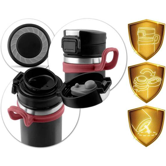 Termos, fabricat din otel inoxidabil, cu maner, forma ergonomica, pastreaza temperatura pana la 12 ore calda sau rece, capacitate 450 ml, negru si rosu - 2- Roveli