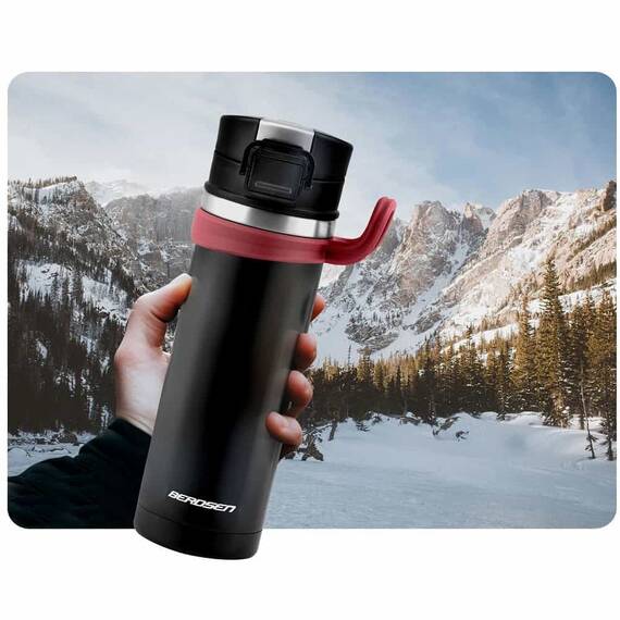 Termos, fabricat din otel inoxidabil, cu maner, forma ergonomica, pastreaza temperatura pana la 12 ore calda sau rece, capacitate 450 ml, negru si rosu - 3- Roveli