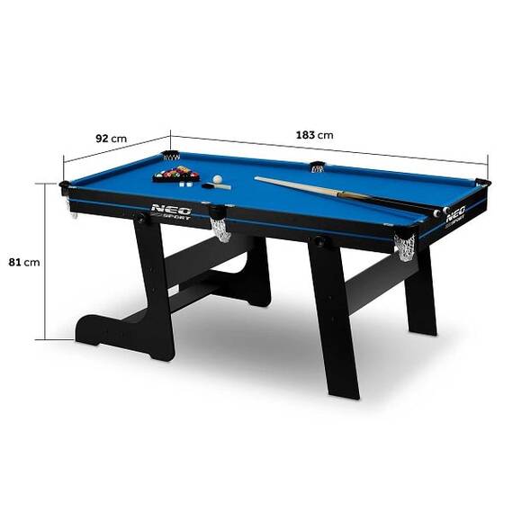 Masa de biliard, 16 mingi din cel mai durabil material, doua tacuri de lemn rezistente, triunghi si doua cuburi de creta, pliabila, 183 x 92 x 81 cm, neagra si albastra - 7- Roveli