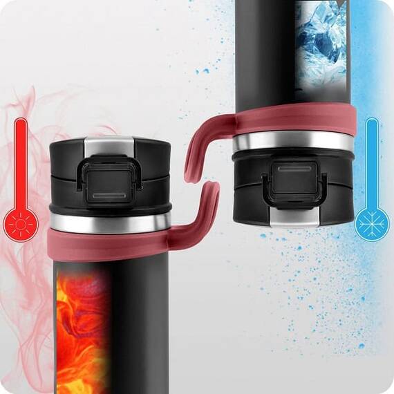 Termos, fabricat din otel inoxidabil, cu maner, forma ergonomica, pastreaza temperatura pana la 12 ore calda sau rece, capacitate 450 ml, negru si rosu - 4- Roveli