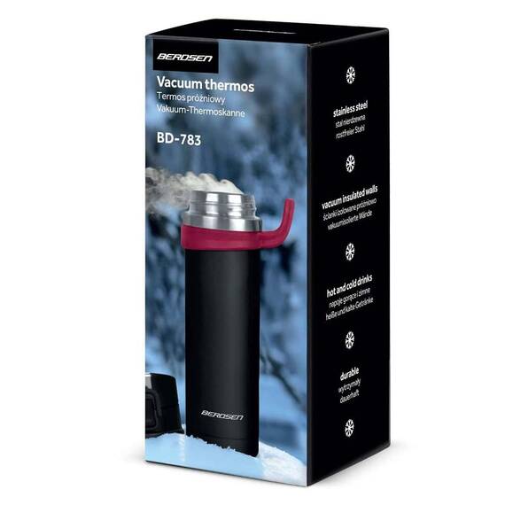 Termos, fabricat din otel inoxidabil, cu maner, forma ergonomica, pastreaza temperatura pana la 12 ore calda sau rece, capacitate 450 ml, negru si rosu - 5- Roveli