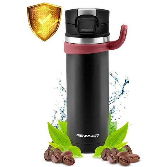 Termos, fabricat din otel inoxidabil, cu maner, forma ergonomica, pastreaza temperatura pana la 12 ore calda sau rece, capacitate 450 ml, negru si rosu - 7- Roveli
