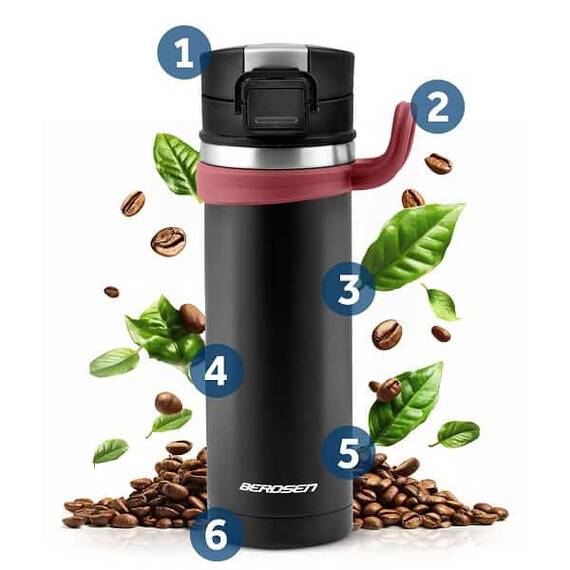 Termos, fabricat din otel inoxidabil, cu maner, forma ergonomica, pastreaza temperatura pana la 12 ore calda sau rece, capacitate 450 ml, negru si rosu - 8- Roveli