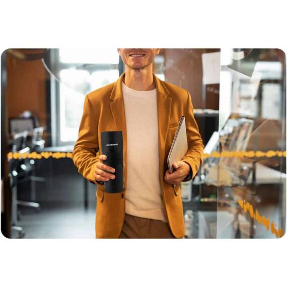 Termos, fabricat din otel inoxidabil, husa anti-alunecare, capac strans, cu un buton, pai, capacitate 590 ml, negru - 8- Roveli