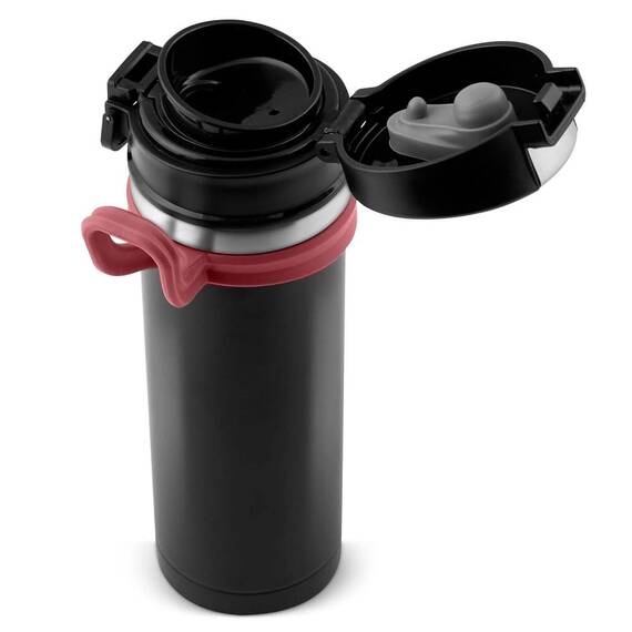 Termos, fabricat din otel inoxidabil, cu maner, forma ergonomica, pastreaza temperatura pana la 12 ore calda sau rece, capacitate 450 ml, negru si rosu - 9- Roveli