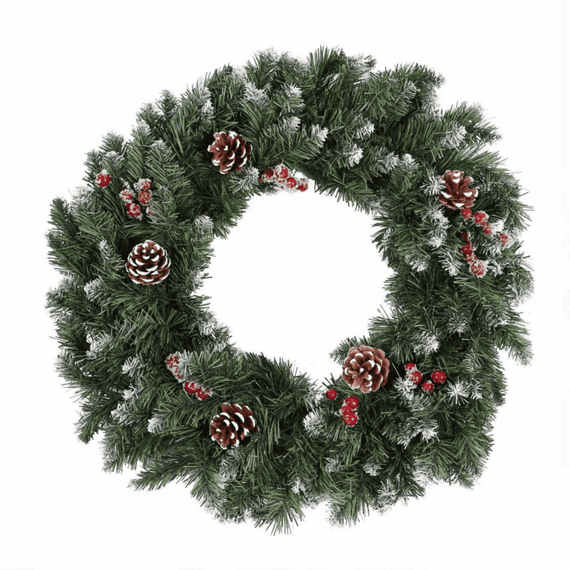 Coronita de Craciun DacEnergy©, realizata din PVC, diametru de 61 cm, cu fructe artificiale rosii si conuri de brad, 140 varfuri, verde - - Roveli