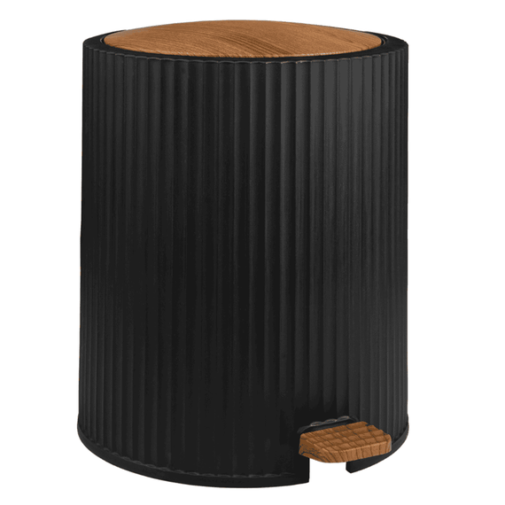 Cos de gunoi cu pedala, realizat din plastic, forma cilindrica, 5 L, 23 x 23 x 27.5 cm, culoarea negru si lemn - - Roveli