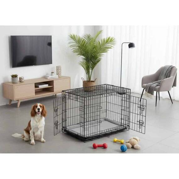 Cusca metalica pentru caini DacEnergy©, tava detasabila din plastic, 2 intrari, marimea M, pliabila, cu maner, cu pat confortabil, 91 x 57 x 62 cm, neagra - 2- Roveli