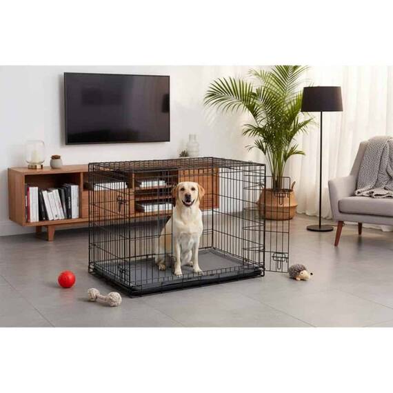 Cusca metalica pentru caini DacEnergy©, tava detasabila din plastic, 2 intrari, marimea L, pliabil, cu maner, cu pat confortabil, 107 x 71 x 77 cm, negru - 2- Roveli