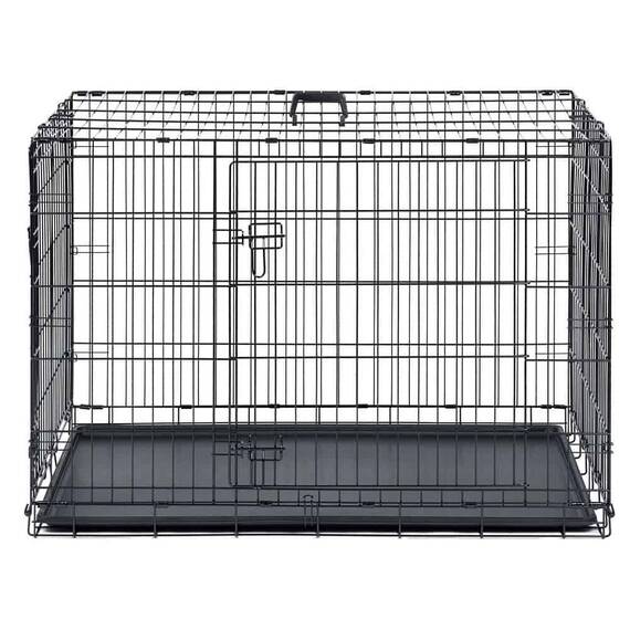 Cusca pentru caini DacEnergy©, otel vopsit cu pulbere, tava detasabila din plastic, 2 intrari, marimea L, pliabil, cu maner, 107 x 71 x 77 cm, negru - - Roveli