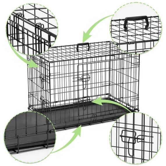 Cusca pentru caini DacEnergy©, otel vopsit cu pulbere, tava detasabila din plastic, 2 intrari, marimea L, pliabil, cu maner, 107 x 71 x 77 cm, negru - 5- Roveli