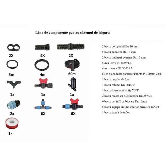 ​Sistem de irigare DacEnergy©, material PE, pentru 5 randuri, maxim 12 metri lungime, 4 metri latime, 60 m conducta picurare, kit complet - 3- Roveli
