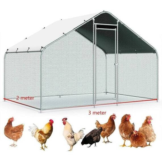 Cotet pentru gaini DacEnergy©, cadru metalic galvanizat, plasa hexagonala de protectie din sarma vopsita, prelata impermeabila, Oxford 210D, o usa, usor de montat, 3 x 2 x 1, 95 m, verde si argintiu - 2- Roveli