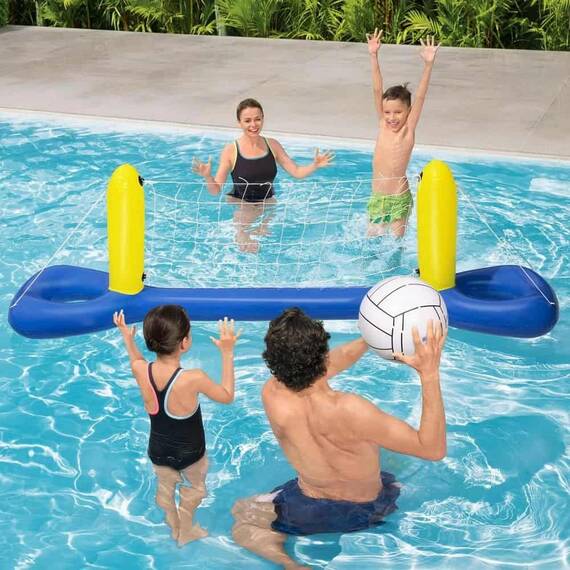 ​Poarta de volei gonflabila pentru piscina Bestway, material PVC, minge, plasa durabila, 252 x 64 cm, galben si albastru - 4- Roveli
