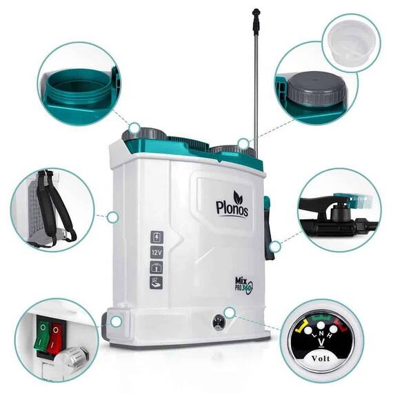 Pompa de st​ropit cu acumulator, plumb-acid, 12 V, 8 Ah, 4 duze diferite, presiune maxima 5, 5 bar, debit maxim 3, 1 l/min, timp de lucru 9 ore, cu mixe, 45 x 38 x 19 cm, 16 l, alb si albastru ​ - 8- Roveli