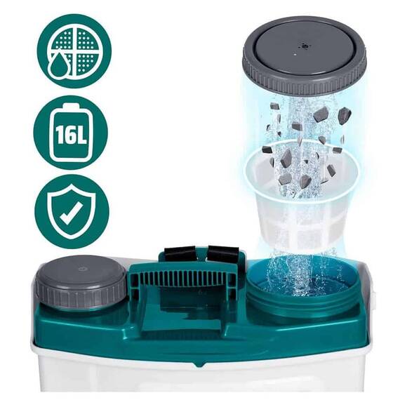 Pompa de st​ropit cu acumulator, plumb-acid, 12 V, 8 Ah, 4 duze diferite, presiune maxima 5, 5 bar, debit maxim 3, 1 l/min, timp de lucru 9 ore, cu mixe, 45 x 38 x 19 cm, 16 l, alb si albastru ​ - 9- Roveli