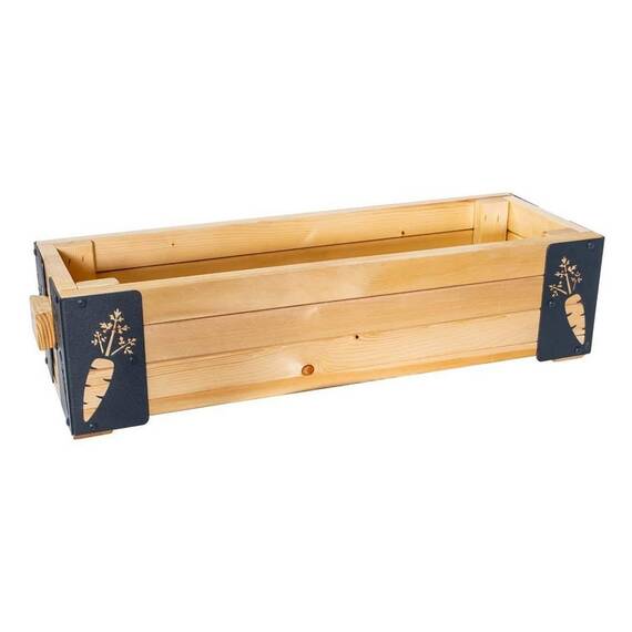 Jardiniera din lemn, cu insertii metalice in forma de morcovi, interior/exterior, forma dreptunghiulara, 80 x 20 x 27 cm, natur si gri - - Roveli