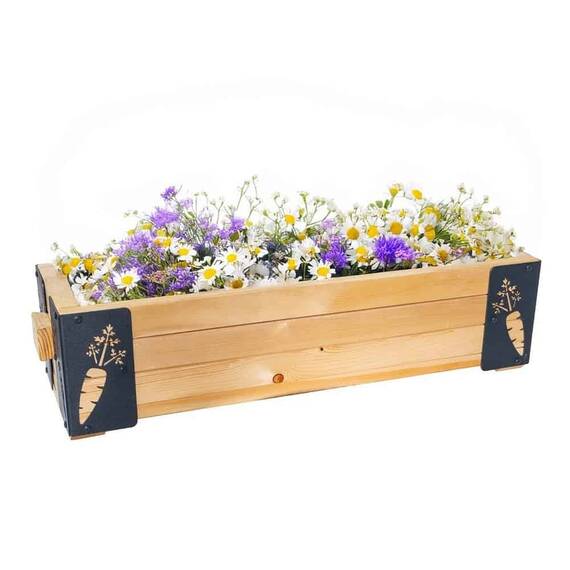 Jardiniera din lemn, cu insertii metalice in forma de morcovi, interior/exterior, forma dreptunghiulara, 80 x 20 x 27 cm, natur si gri - 2- Roveli