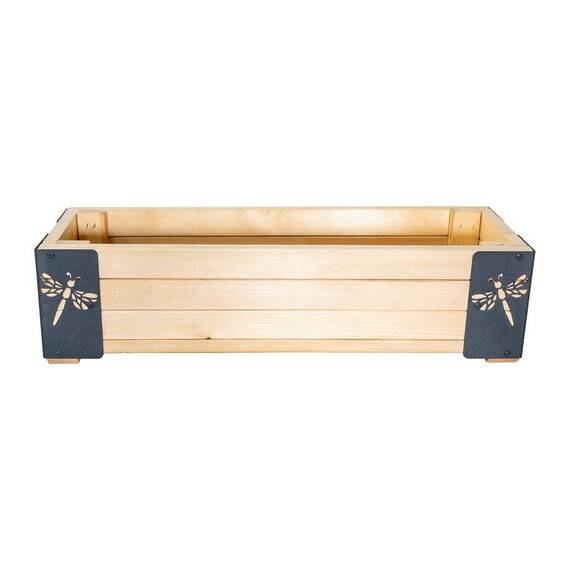 Jardiniera din lemn, cu insertii metalice in forma de libelule, interior/exterior, forma dreptunghiulara, 80 x 20 x 27 cm, natur si gri - 2- Roveli