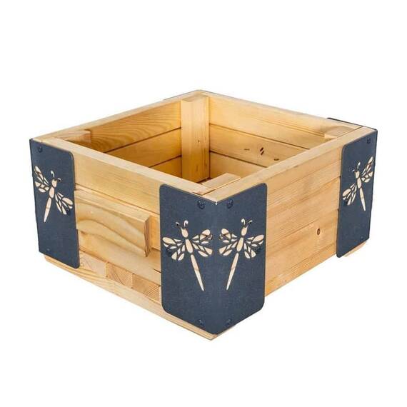 ​Jardiniera din lemn, cu insertii metalice in forma de libelule, interior/exterior, forma patrata, 38 x 38 x 20 cm, natur si gri - 2- Roveli