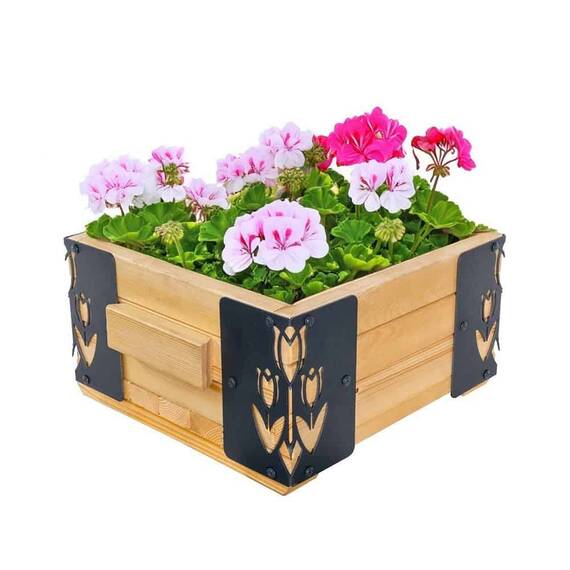 ​Jardiniera din lemn, cu insertii metalice in forma de lalele, interior/exterior, forma patrata, 38 x 38 x 20 cm, natur si gri - 2- Roveli