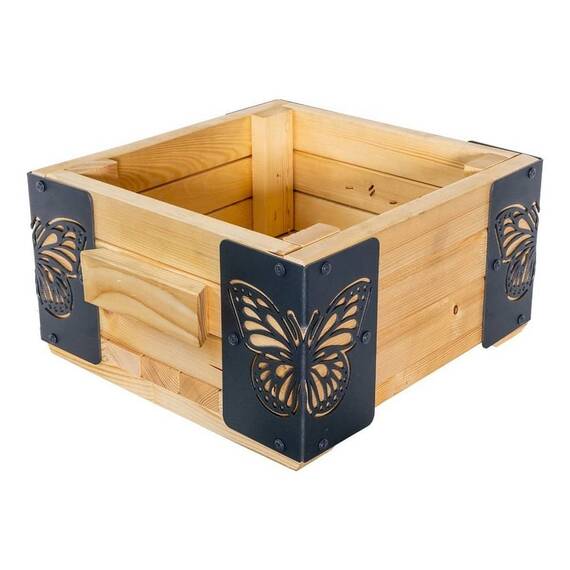 Jardiniera din lemn, cu insertii metalice in forma de fluturi, interior/exterior, forma patrata, 38 x 38 x 20 cm, natur si gri - 2- Roveli