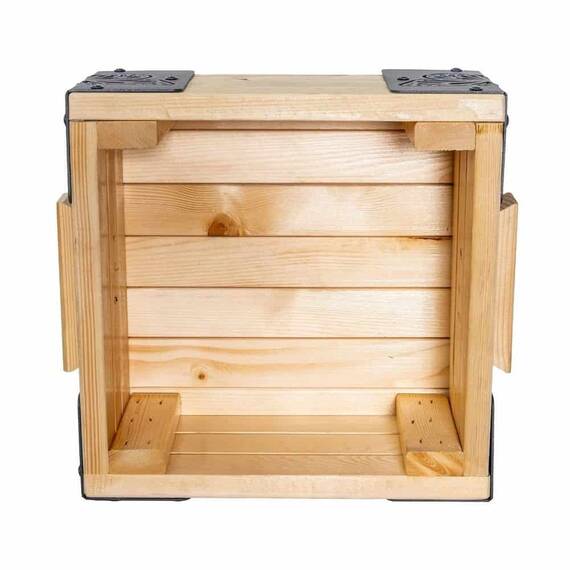 Jardiniera din lemn, cu insertii metalice in forma de fluturi, interior/exterior, forma patrata, 38 x 38 x 20 cm, natur si gri - 3- Roveli