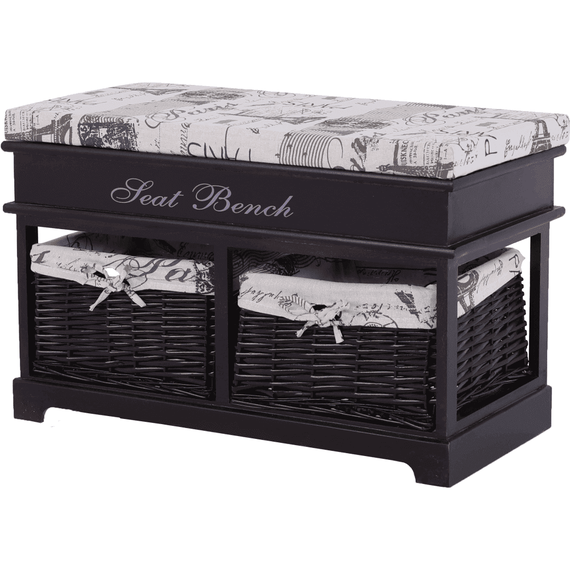 Bancă cu pernă, 2 coşuri de răchită, maro închis/bej/imprimeu, SEAT BENCH 3 - - Roveli