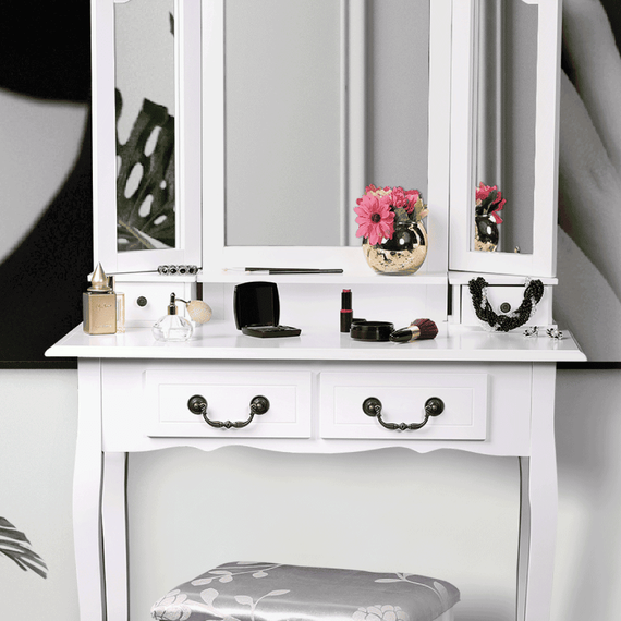 Măsuţă de toaletă cu taburet, alb/argintiu, REGINA NEW - 6- Roveli