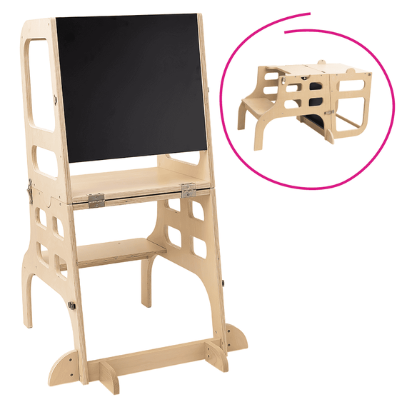 Turnul de învăţare Montessori 3în1 cu tablă, natural, MAGAN - - Roveli