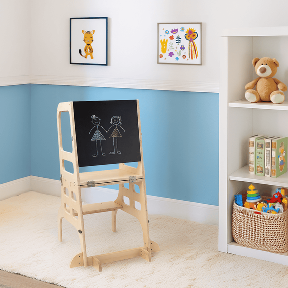 Turnul de învăţare Montessori 3în1 cu tablă, natural, MAGAN - 3- Roveli