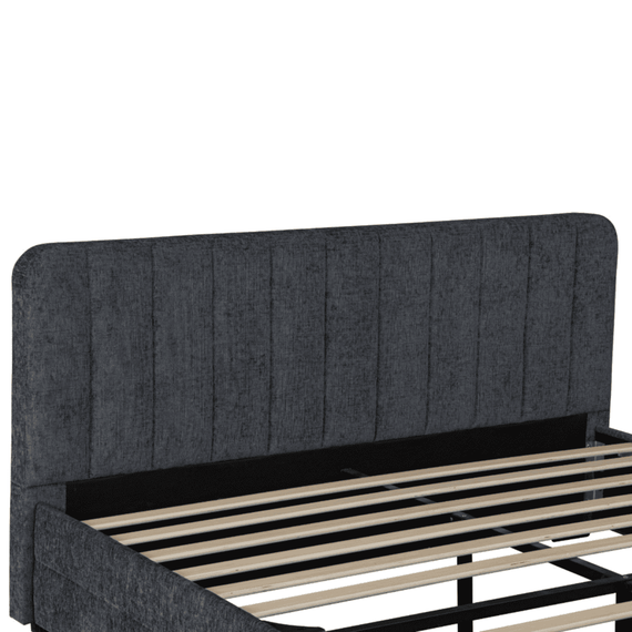 Pat dormitor DacEnergy©, structura este realizata din MDF si PAL, tapiteria din material moale si catifelat, spatiu depozitare, gri inchis, 140 x 200 cm - 5- Roveli