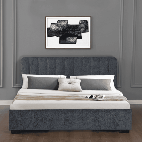 Pat dormitor DacEnergy©, structura este realizata din MDF si PAL, tapiteria din material moale si catifelat, spatiu depozitare, gri inchis, 140 x 200 cm - 9- Roveli